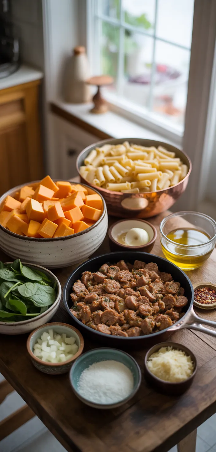 Ingredients photo for Creamy Butternut Squash Pasta With Sausage And Spinach Recipe