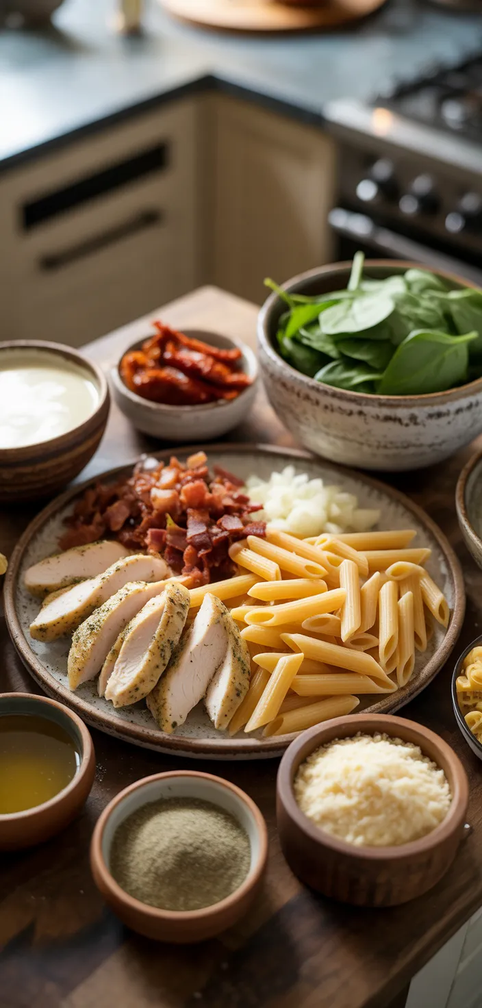 Ingredients photo for Creamy Sun Dried Tomato Chicken Pasta Recipe