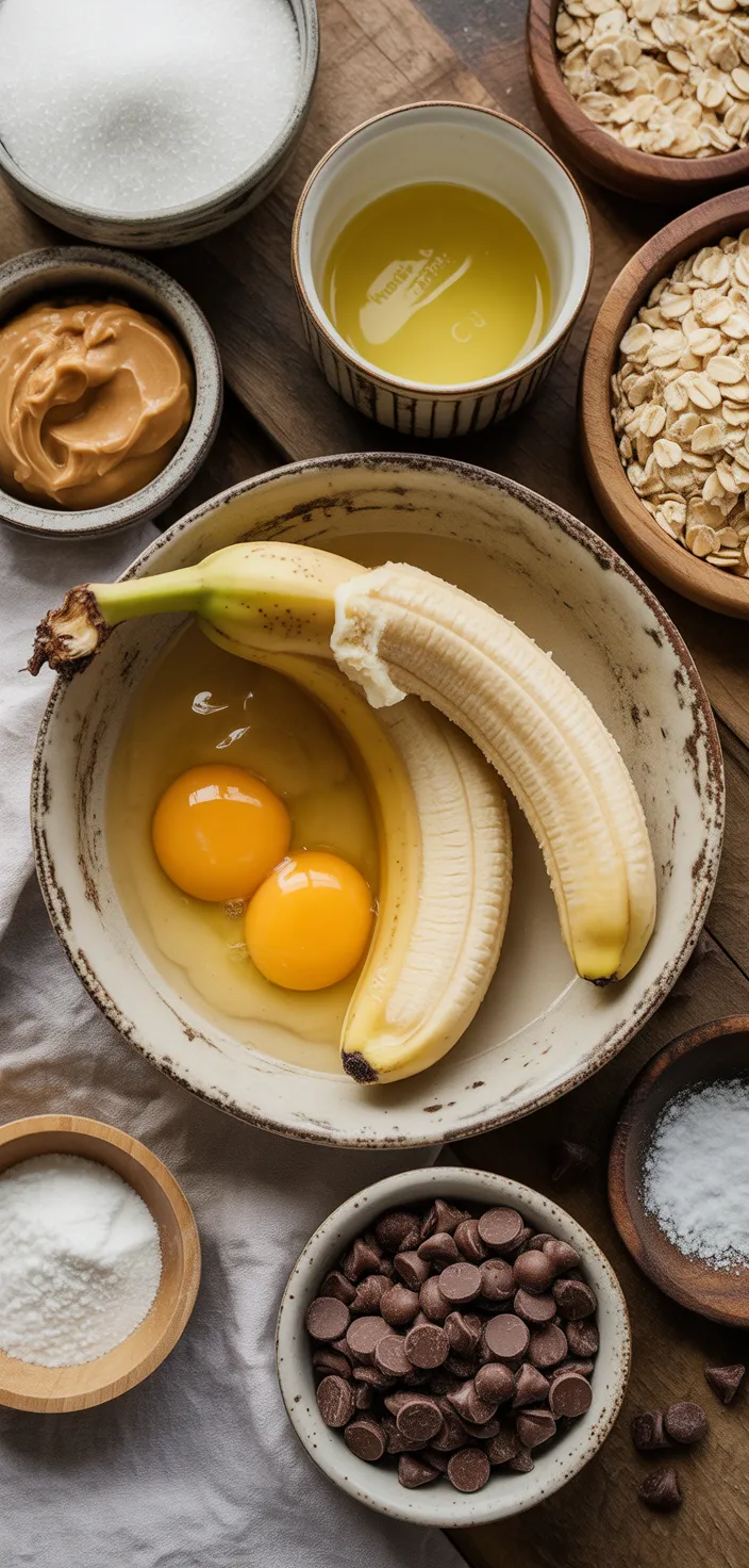 Ingredients photo for Peanut Butter Oatmeal Chocolate Chip Banana Bread Bars Recipe