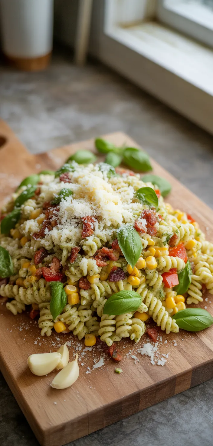 Ingredients photo for Summer Pasta Salad With Corn, Bell Pepper, Bacon, And Creamy Pesto Dressing Recipe