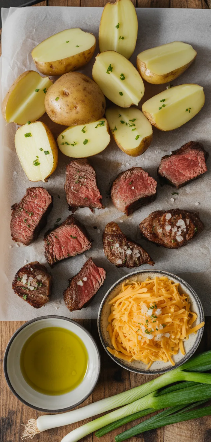 Ingredients photo for Garlic Butter Steak Bites And Cheesy Smashed Potatoes Recipe