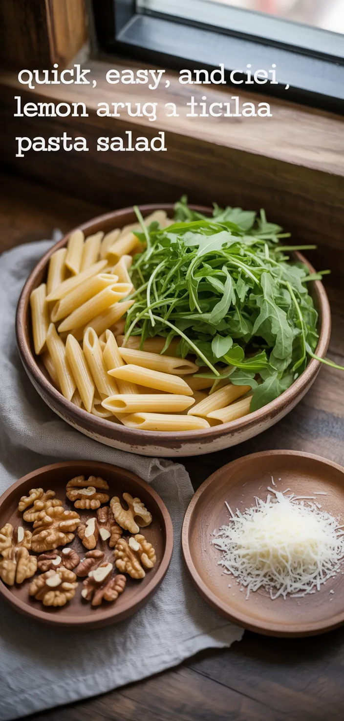 Ingredients photo for Quick, Easy, And DELICIOUS Lemon Arugula Pasta Salad Recipe