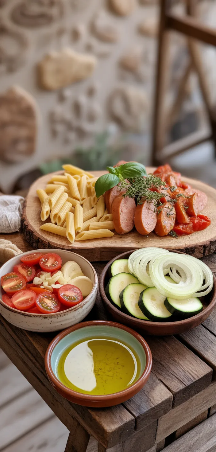 Ingredients photo for Chicken Sausages With Zucchini, Tomatoes, And Pasta – Flavorful One Recipe