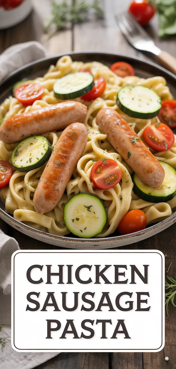 A photo of Chicken Sausages With Zucchini, Tomatoes, And Pasta – Flavorful One Recipe