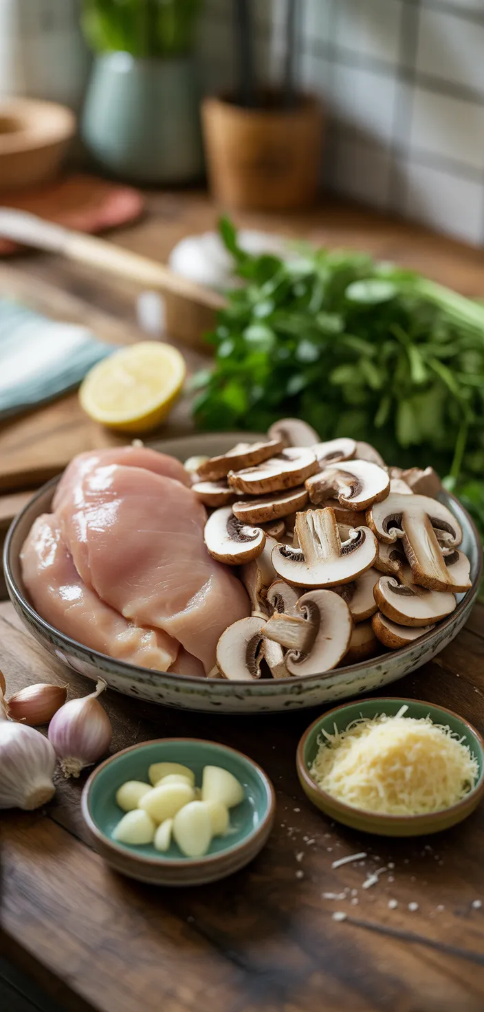 Ingredients photo for Creamy Chicken Mushroom With Garlic, Parmesan, And Spinach! Recipe