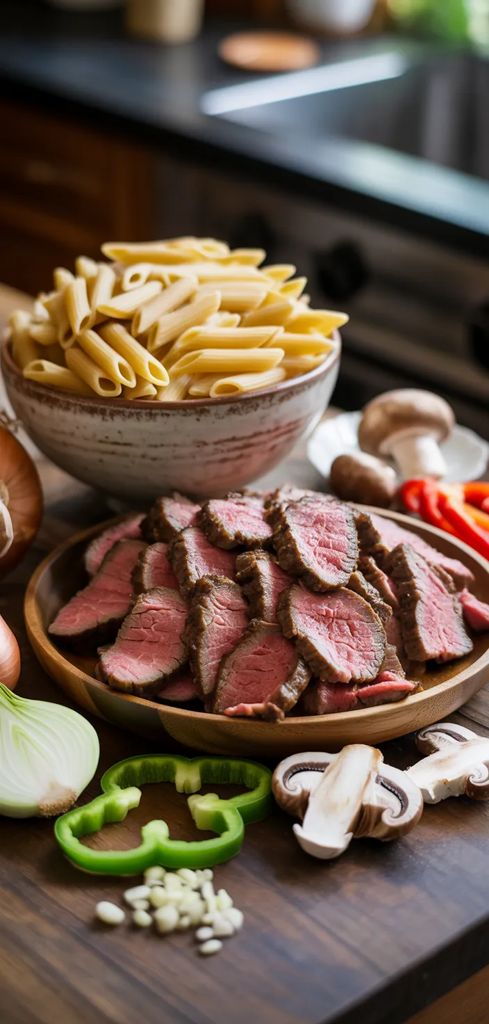 Ingredients photo for Delicious Philly Cheese Steak Pasta Recipe For Family Dinners