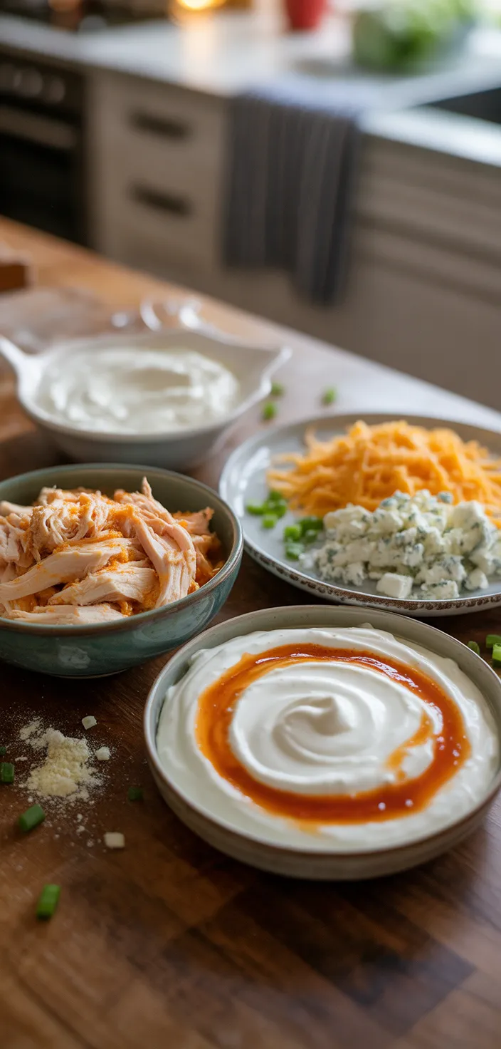 Ingredients photo for Greek Yogurt Buffalo Chicken Dip (Hot Wing Dip) Recipe