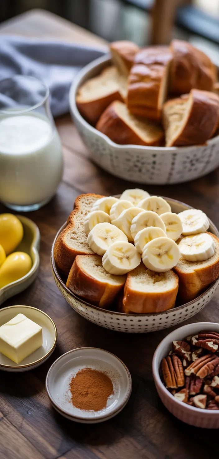 Ingredients photo for Overnight Baked Banana French Toast Casserole Breakfast Recipe