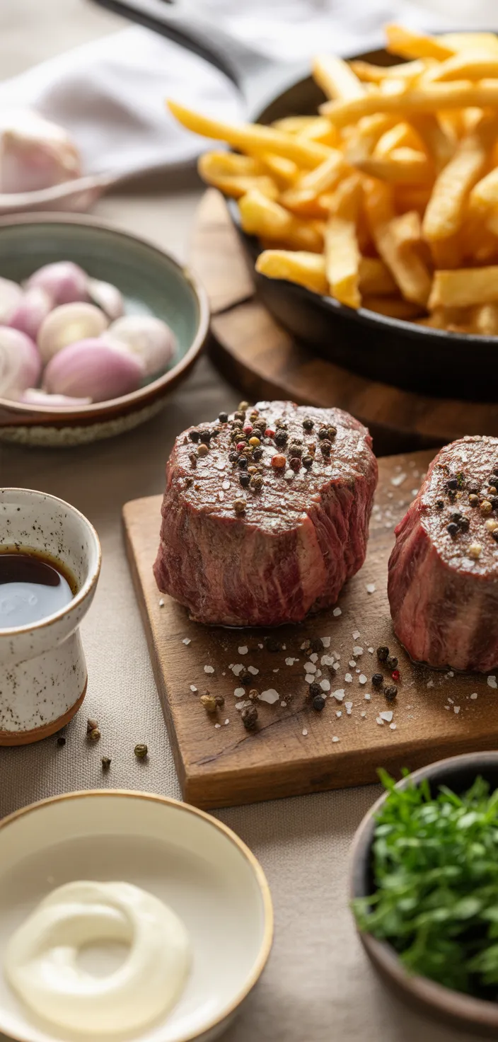 Ingredients photo for Steak Au Poivre + Simple Truffle Frites Recipe