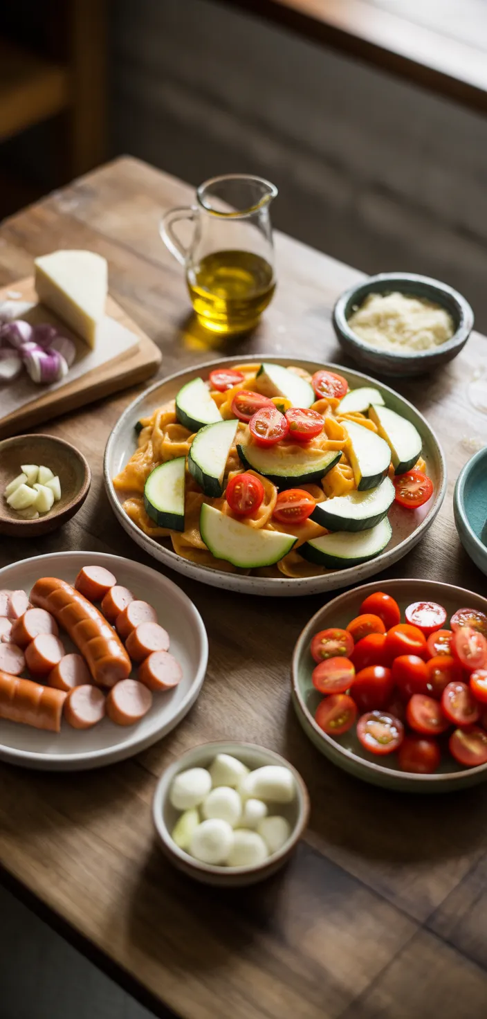 Ingredients photo for Chicken Sausages With Zucchini, Tomatoes, And Pasta Recipe